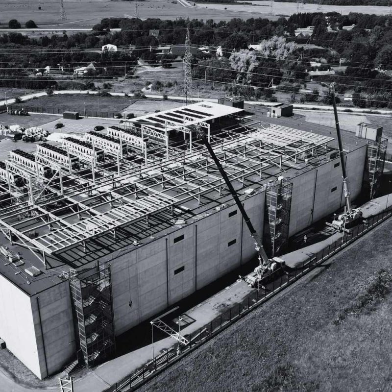 Data center facility under construction with structural steel and electrical infrastructure