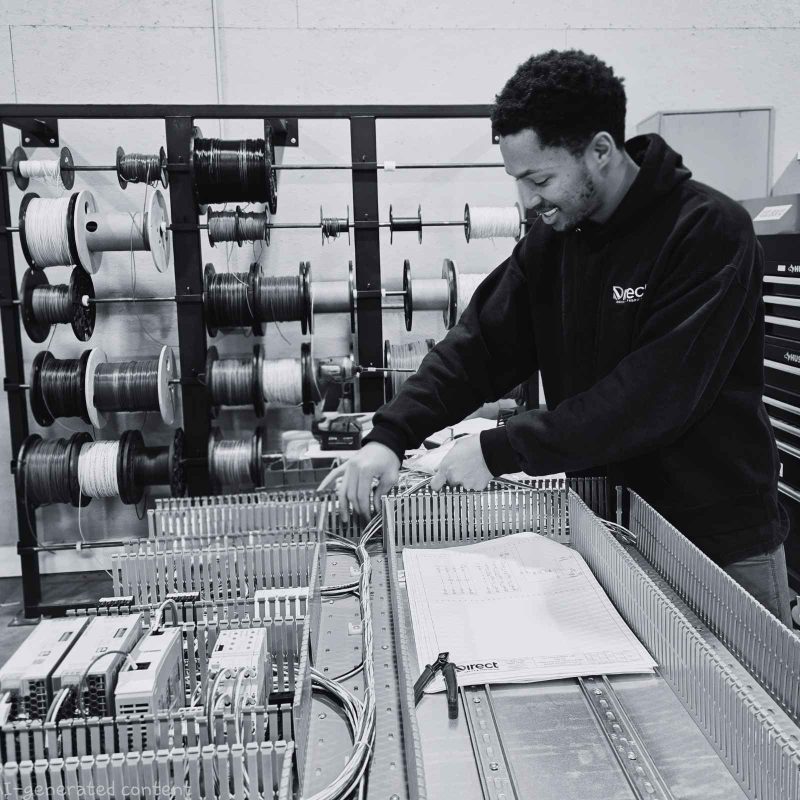 Technician assembling and wiring industrial control equipment for OEM and repeat-build manufacturing.